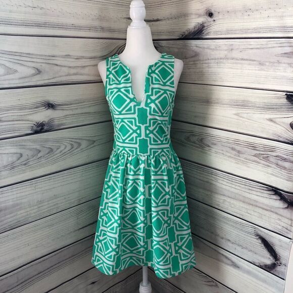 Francescas Green & White Patterned Fit & Flare Dress - Picture 1 of 7
